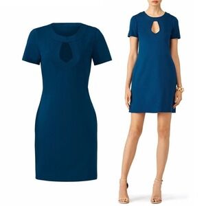 Short Sleeve Keyhole Cut Out Neck Ponte Cocktail Mini Sheath Dress Teal Blue 4